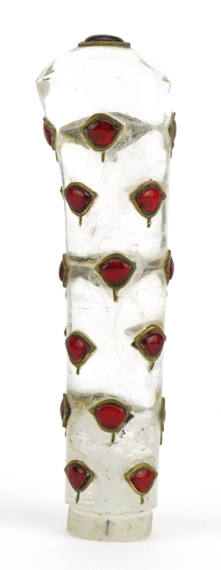 Islamic rock crystal dagger handle inset with red cabochons, 9cm in length