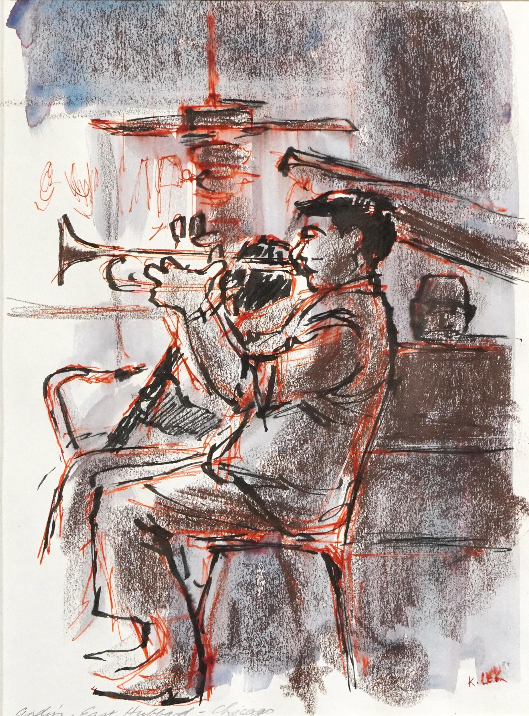 Karel Lek - Jazz Musicians playing instruments, six Welsh mixed medias, each with pencil - Image 5 of 12