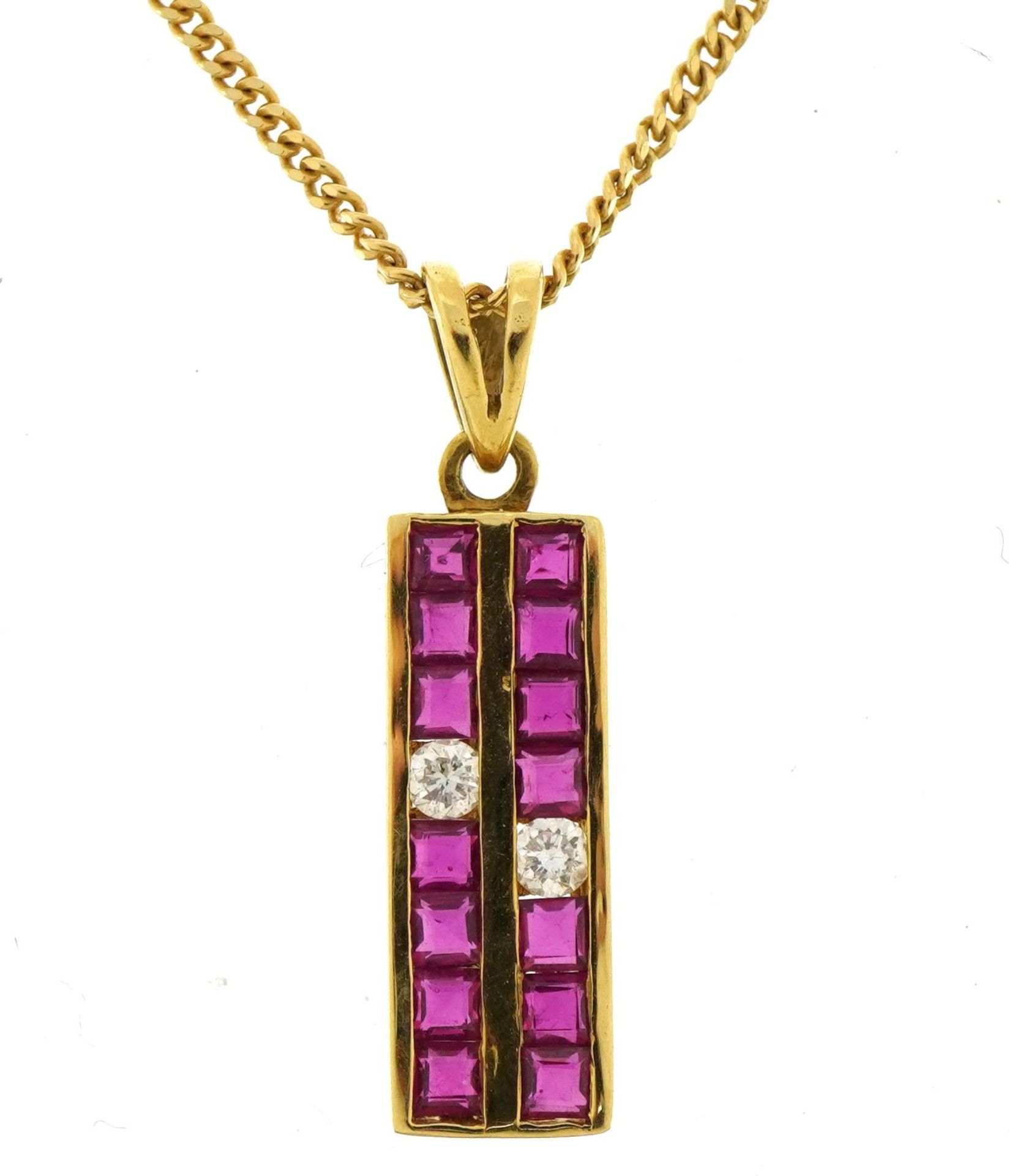 18ct gold ruby and diamond pendant on 18ct gold curb link necklace, 2.6cm high and 38cm in length,