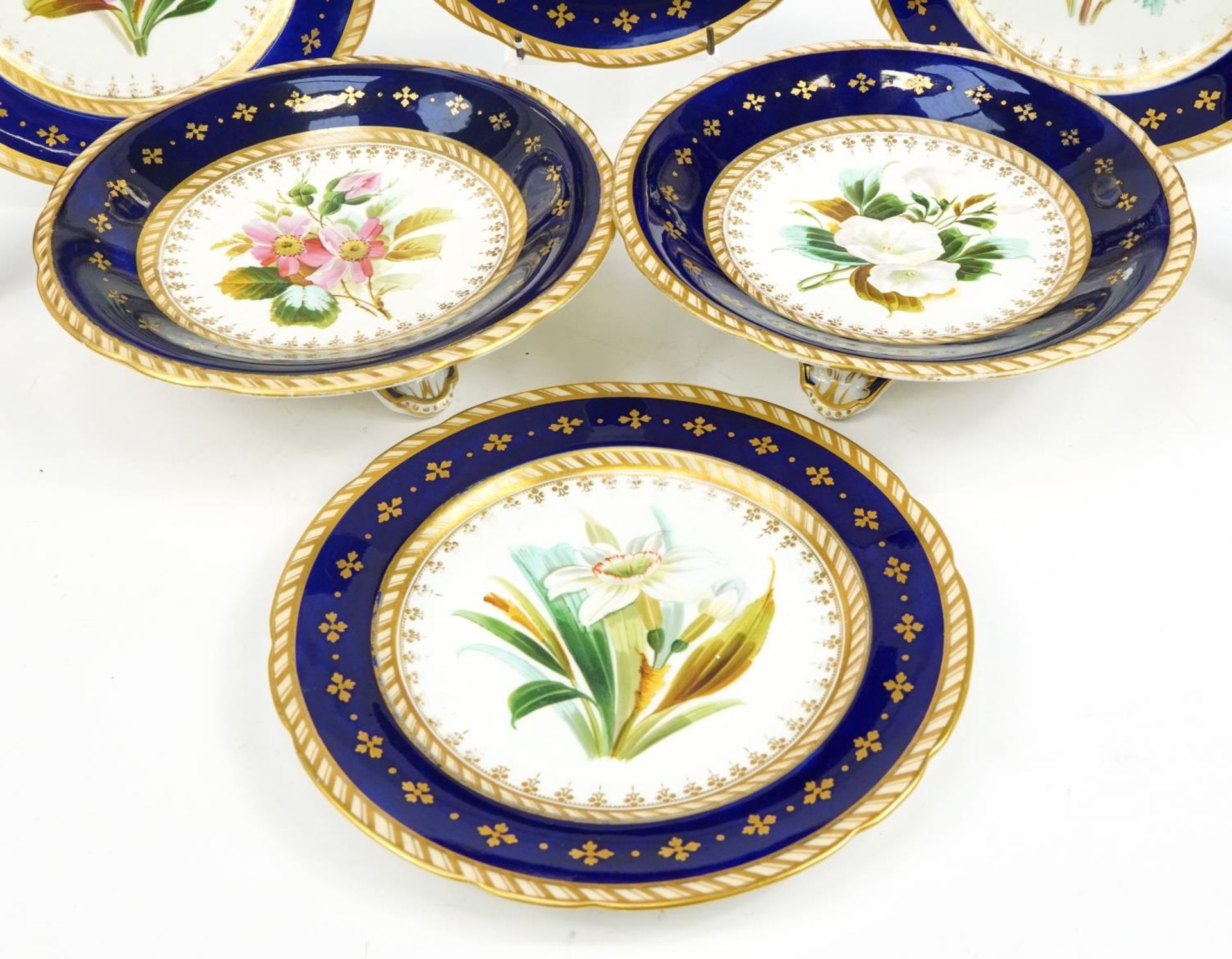 Victorian porcelain eight piece desert service hand painted and gilded with flowers, impressed marks - Bild 4 aus 4
