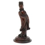 Good Chinese root wood carving of an empress raised on a later circular oak base, overall 29cm high