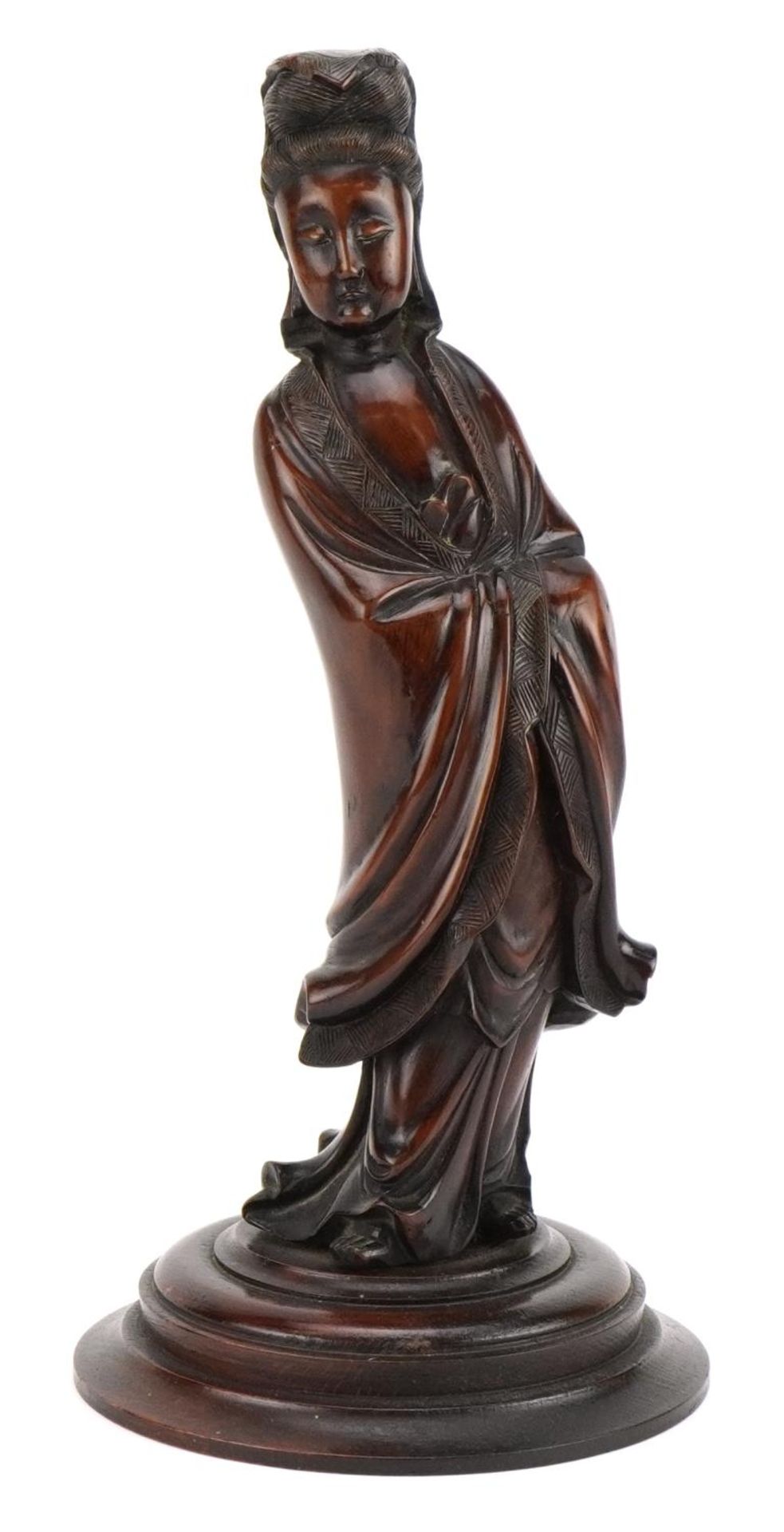 Good Chinese root wood carving of an empress raised on a later circular oak base, overall 29cm high