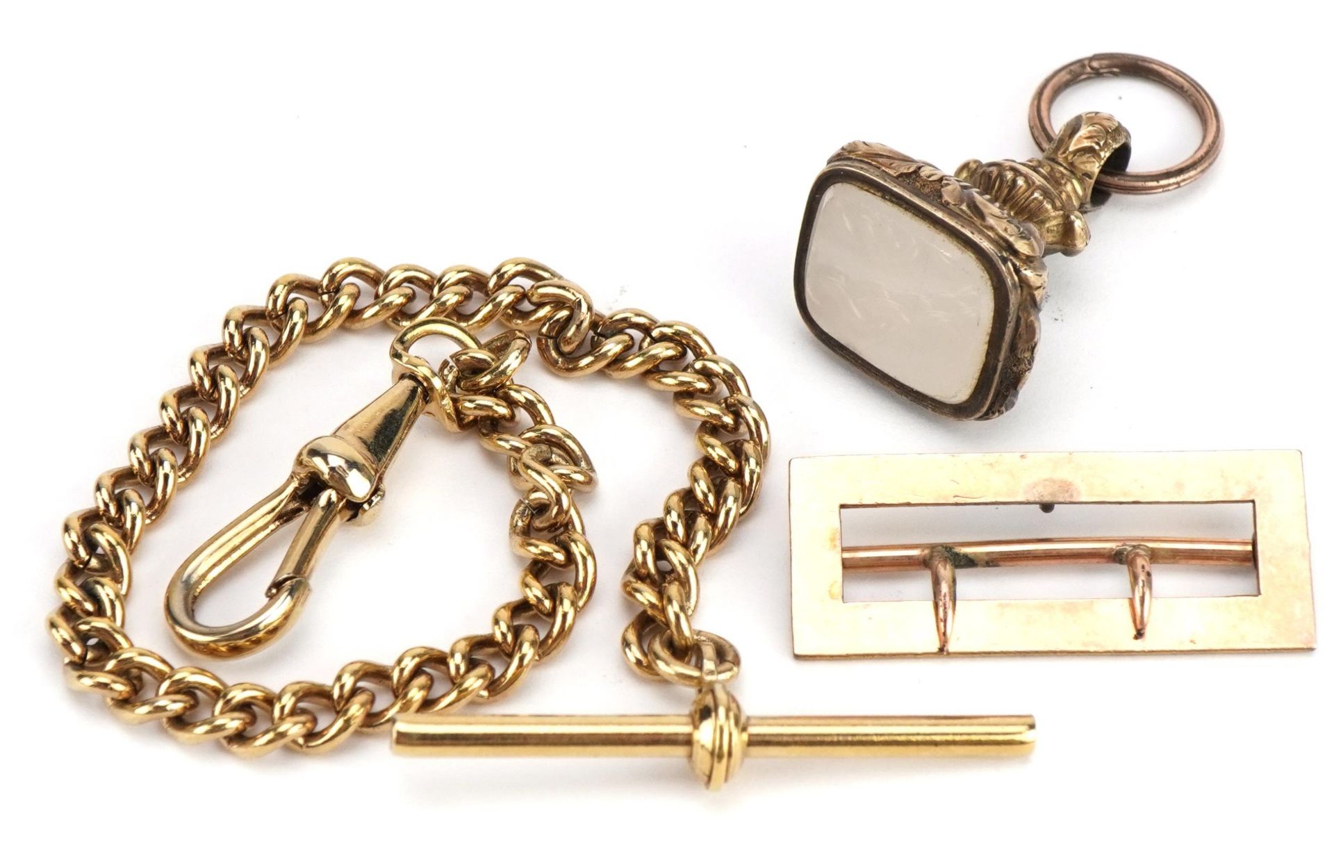 Antique yellow metal hardstone fob on a brooch clasp with Georgian split ring and a gilt metal watch - Bild 3 aus 4