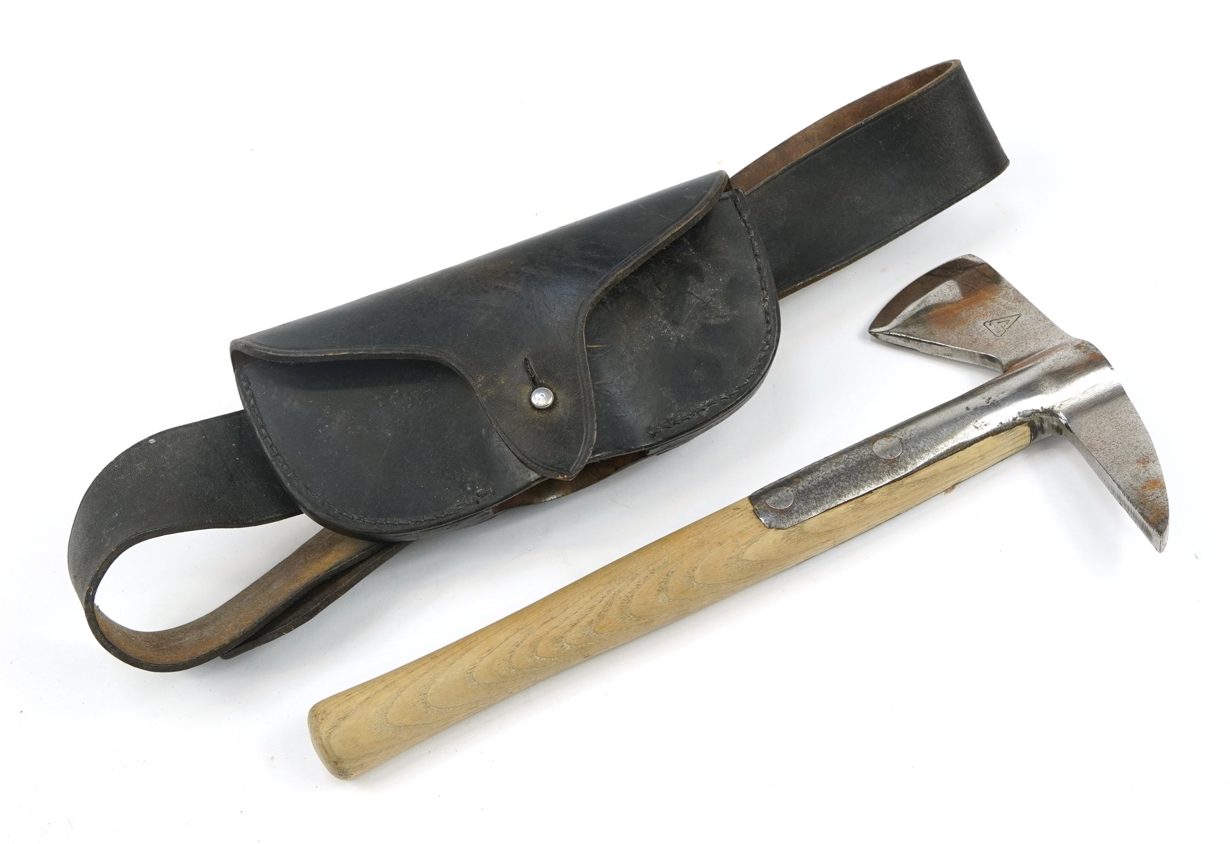 Military interest fireman's axe with leather belt and holdall, the axe 39cm in length