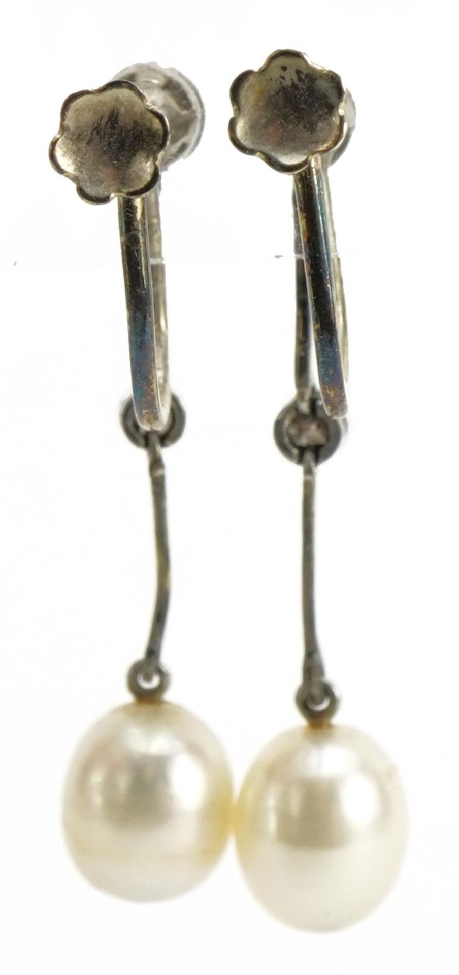 Pair of unmarked white metal diamond and pearl drop earrings with screw backs housed in a fitted - Image 2 of 3