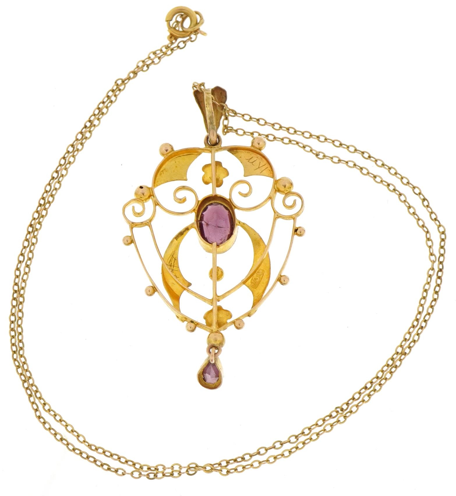 Edwardian 9ct gold openwork pendant set with two amethysts on a 9ct gold Belcher link necklace, 5. - Image 3 of 4