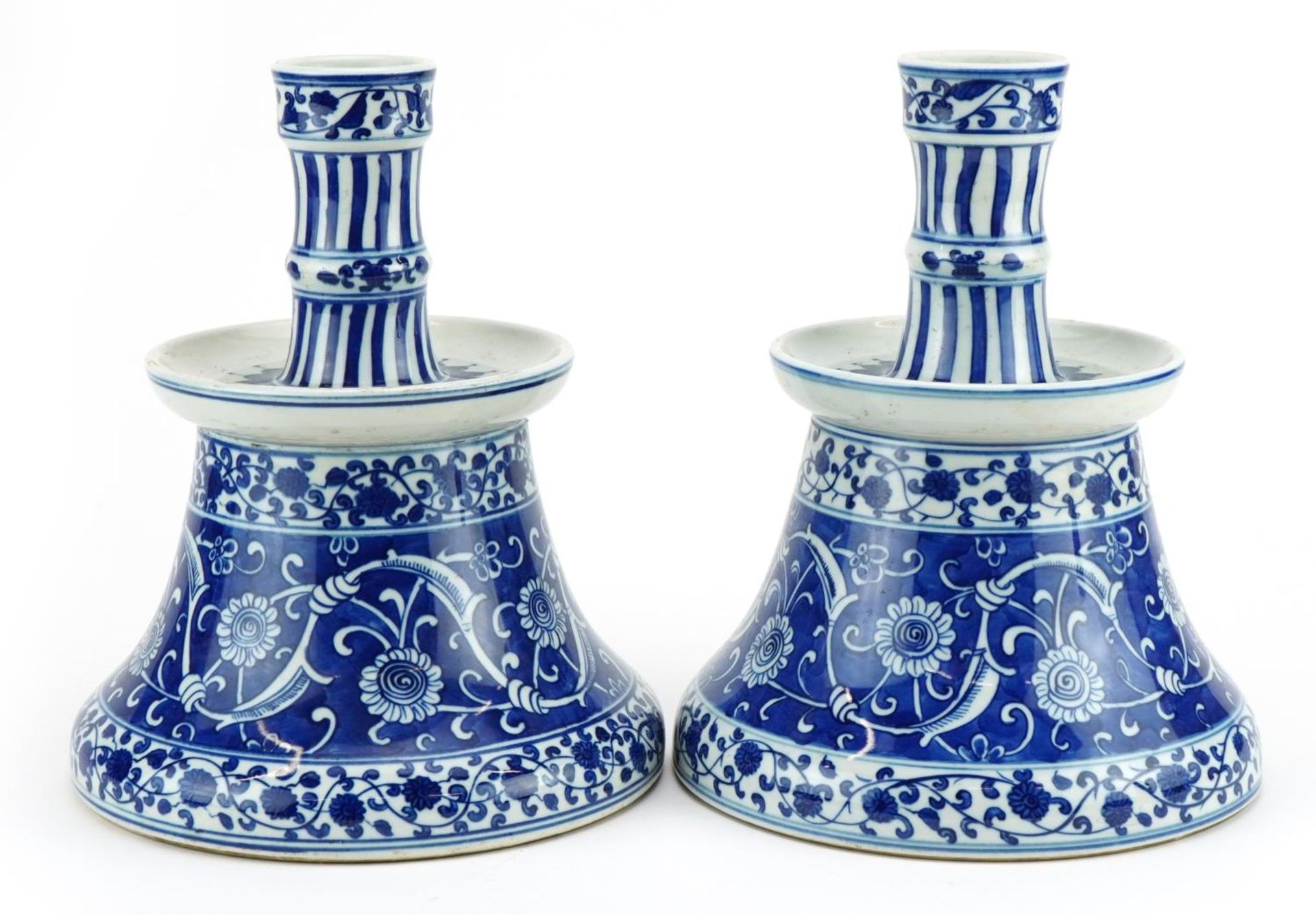 Pair of Chinese Islamic porcelain hookah bases hand painted with flower heads amongst scrolling