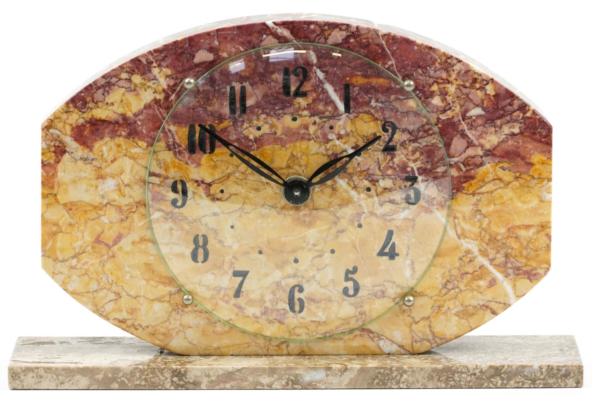 Art Deco marble mantle clock with Arabic numerals, 34cm wide