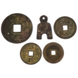 Four Chinese cash coins and a spade money