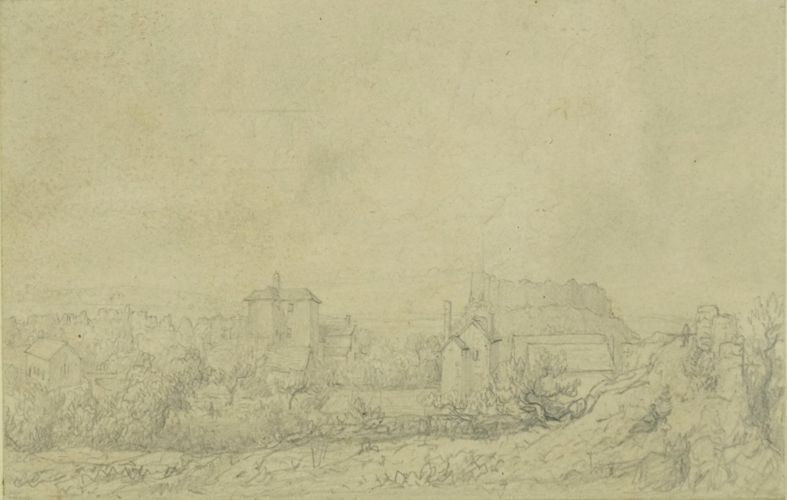 Attributed to Thomas Lound - Distant views of Norwich with the castle ruins, 19th century pencil,