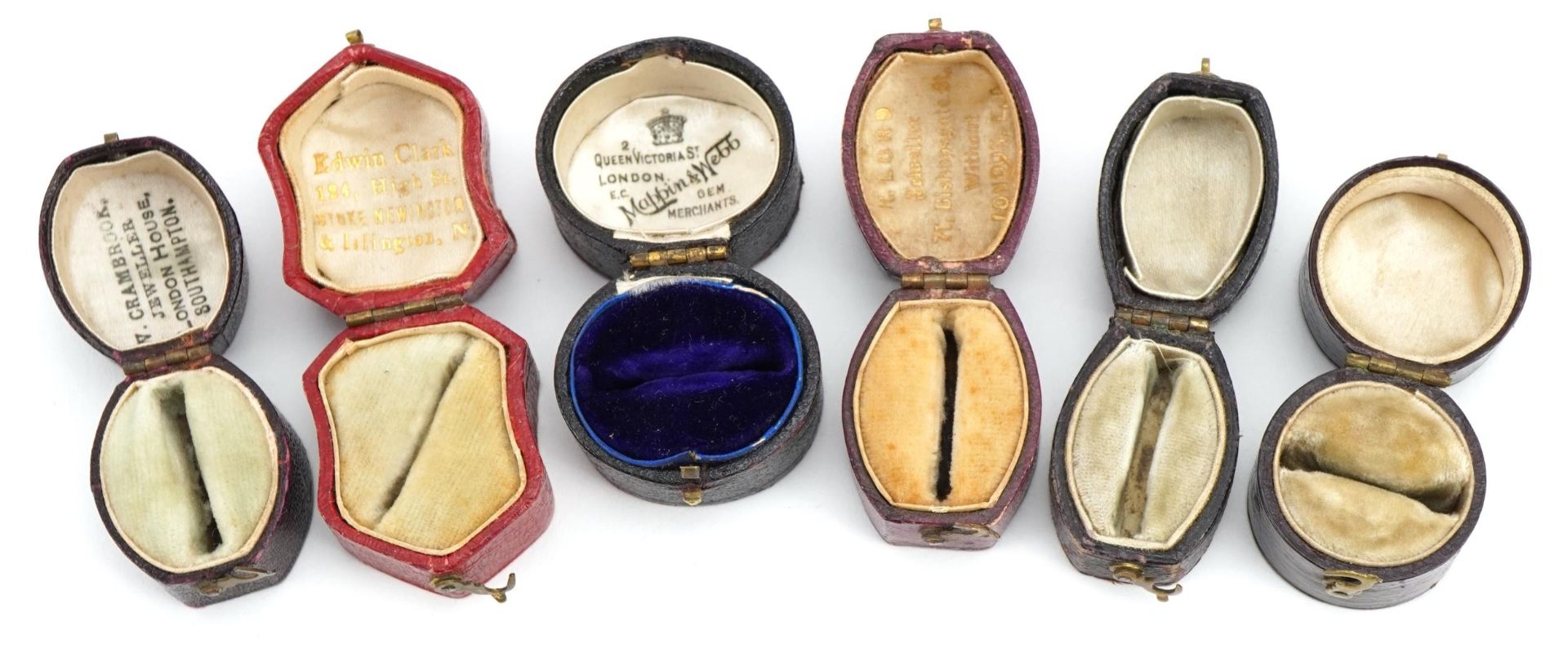 Six Georgian and later leather, velvet and silk lined ring boxes including Edwin Clark and - Image 2 of 4