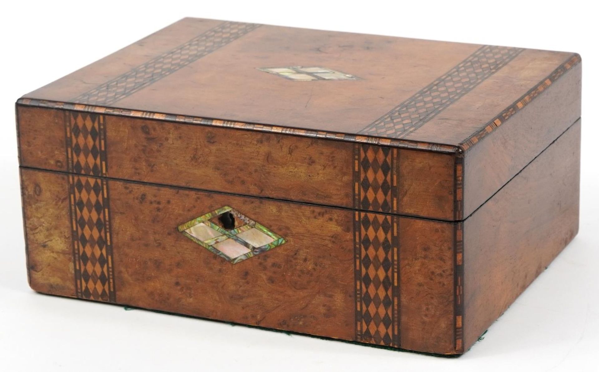 Victorian inlaid walnut workbox, 13cm H x 30cm W x 22.5cm D