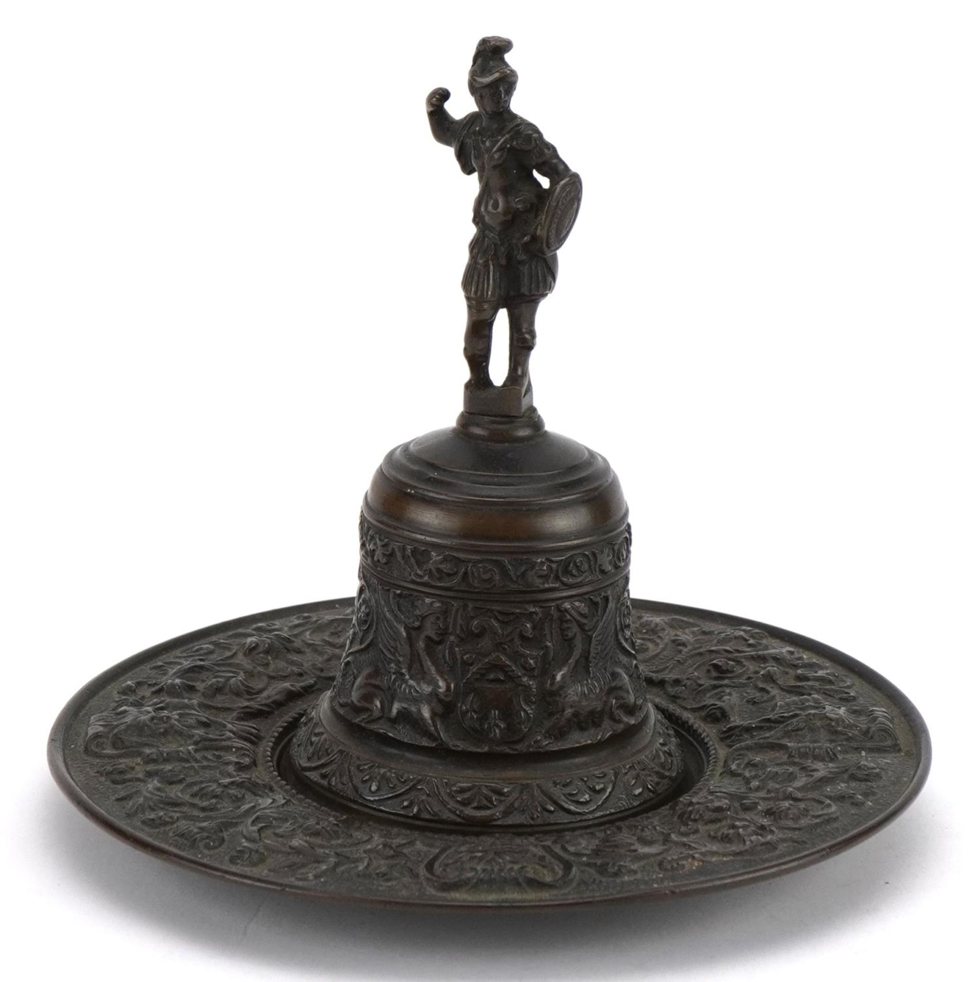 19th century Grand Tour patinated bronze bell on stand with figural handle cast with mythical