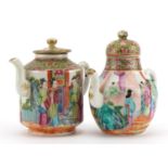 Two Chinese Canton porcelain teapots hand painted with figures and flowers, the largest 13.5cm in