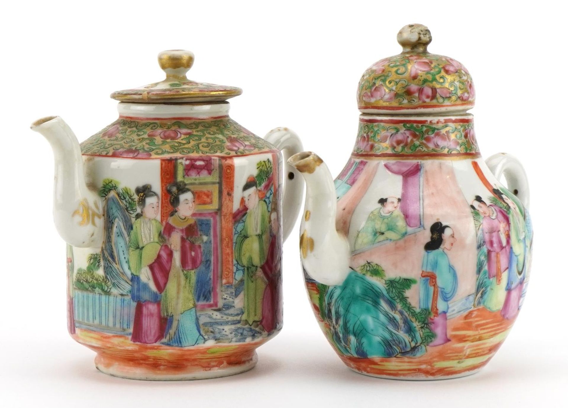 Two Chinese Canton porcelain teapots hand painted with figures and flowers, the largest 13.5cm in
