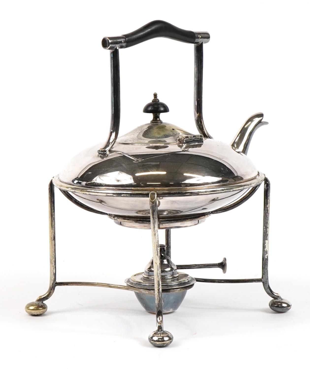 Art Deco silver plated teapot on stand with burner and ebonised mounts, 30cm high - Image 2 of 4
