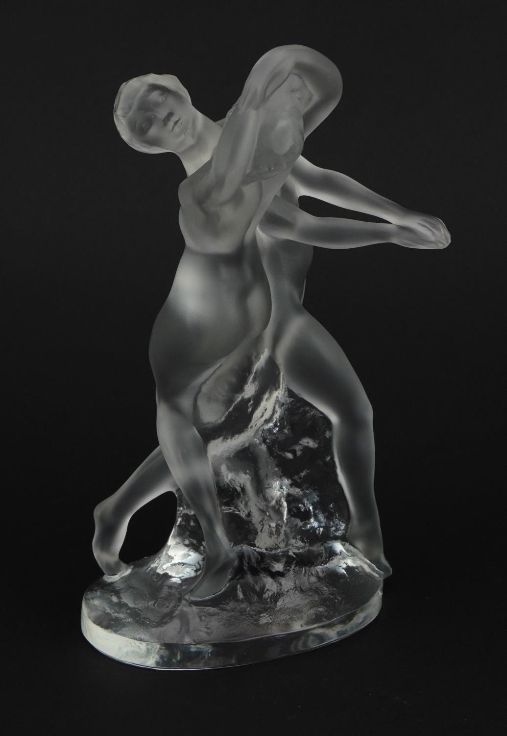 Lalique, French frosted and clear glass Deux Danseuses figure group of two nude female dancers - Image 2 of 4