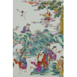 Chinese porcelain panel housed in a hardwood frame, finely hand painted in the famille rose