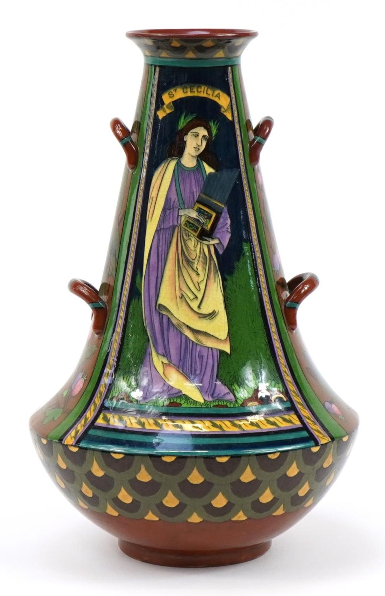 Foley Intarsio, Art Nouveau four handled vase hand painted with St Cecilia, numbered 4032, 42cm high - Bild 2 aus 3