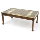 Reverse glass painted medieval design chess table inscribed G Hosking, 40cm H x 102cm W x 61cm D