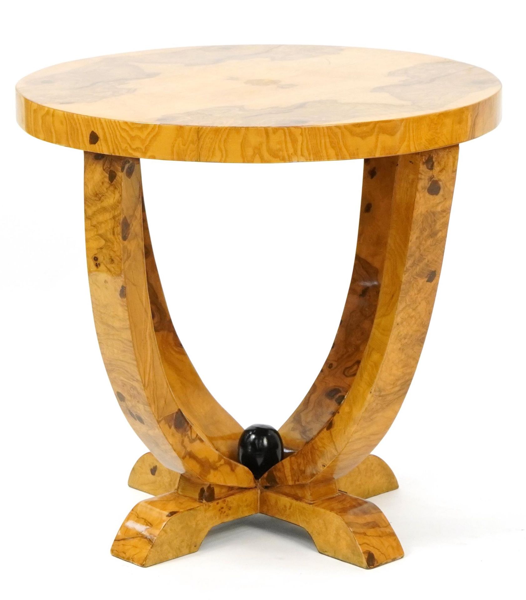 Art Deco style walnut effect circular occasional table, 55.5cm high x 58.5cm in diameter - Image 3 of 3