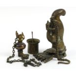 Indian and Middle Eastern metalware including an antique Indian patinated bronze hanging oil lamp in