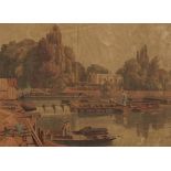 After William Havell - The Weir from Marlow Bridge on the Thames, 19th century print in colour,