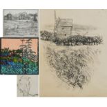 Bird on a branch, foliage and farm buildings, four pencil signed prints including Jack & Jill by