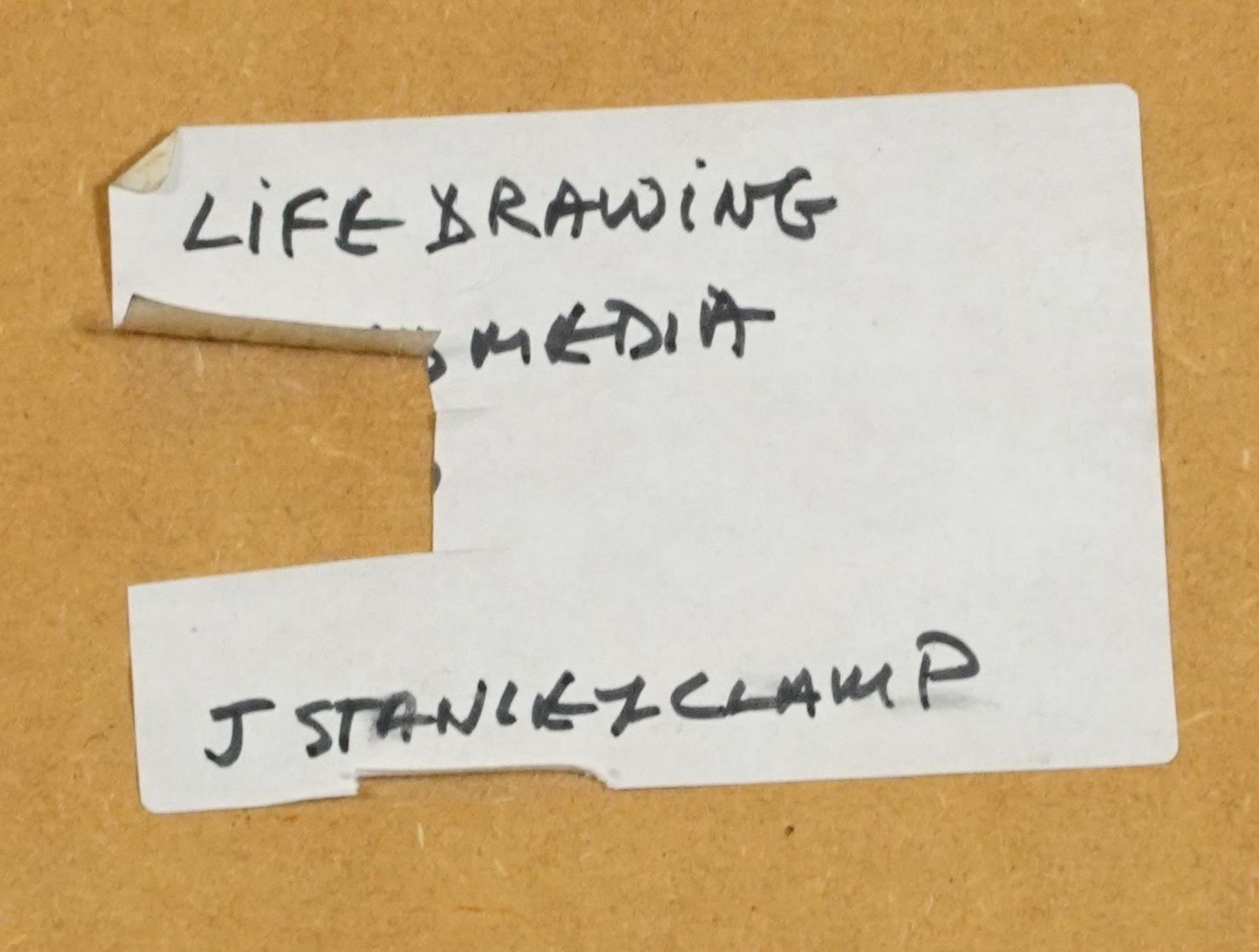 J Stanley Clamp - Life drawing, nude female, inscribed label verso, mounted, framed and glazed, 45cm - Image 4 of 4