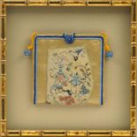 Chinese silk scent bottle pouch with blue and white porcelain toggles, finely embroidered with a