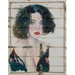 Clive Fredriksson - Semi-nude female wearing a shawl, oil on rustic wood panel, unframed, 69cm x