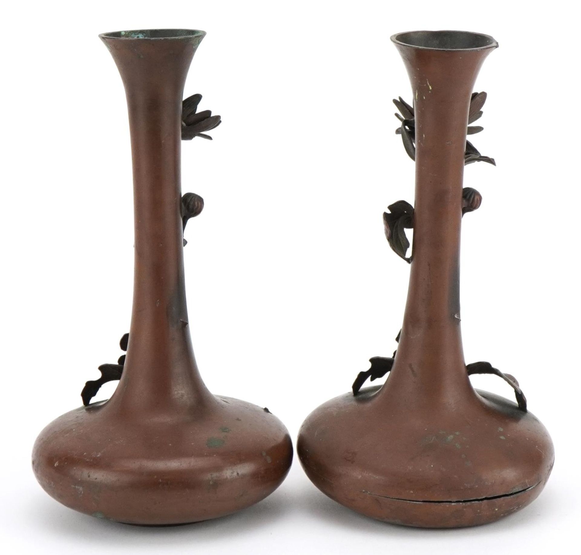 Pair of Japanese bronzed vases decorated in relief with flowers, character marks to the base, each - Image 2 of 4