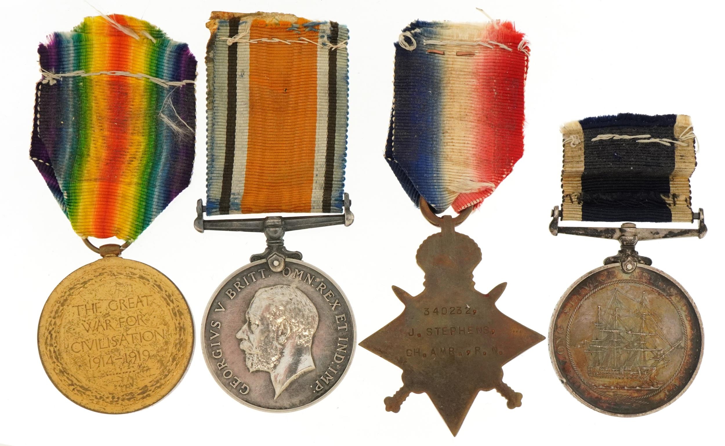 British military World War I medal group comprising a trio awarded to 340232J.STEPHENS.CH.ARM.R.N. - Image 3 of 6