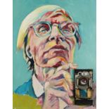 Clive Fredriksson - After Andy Warhol, self portrait with camera, oil and mixed media on board,