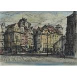 Prague street scene with figures, 1970s ink and watercolour, indistinctly signed and inscribed,