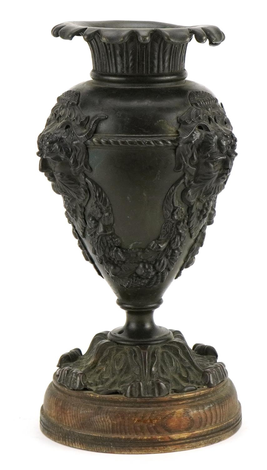 19th century verdigris patinated bronze vase decorated in relief with the Green Man, 29cm high - Image 2 of 3