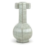 Chinese hexagonal vase with ears having a Ge ware type glaze, wax seal mark to the base, 24.5cm high