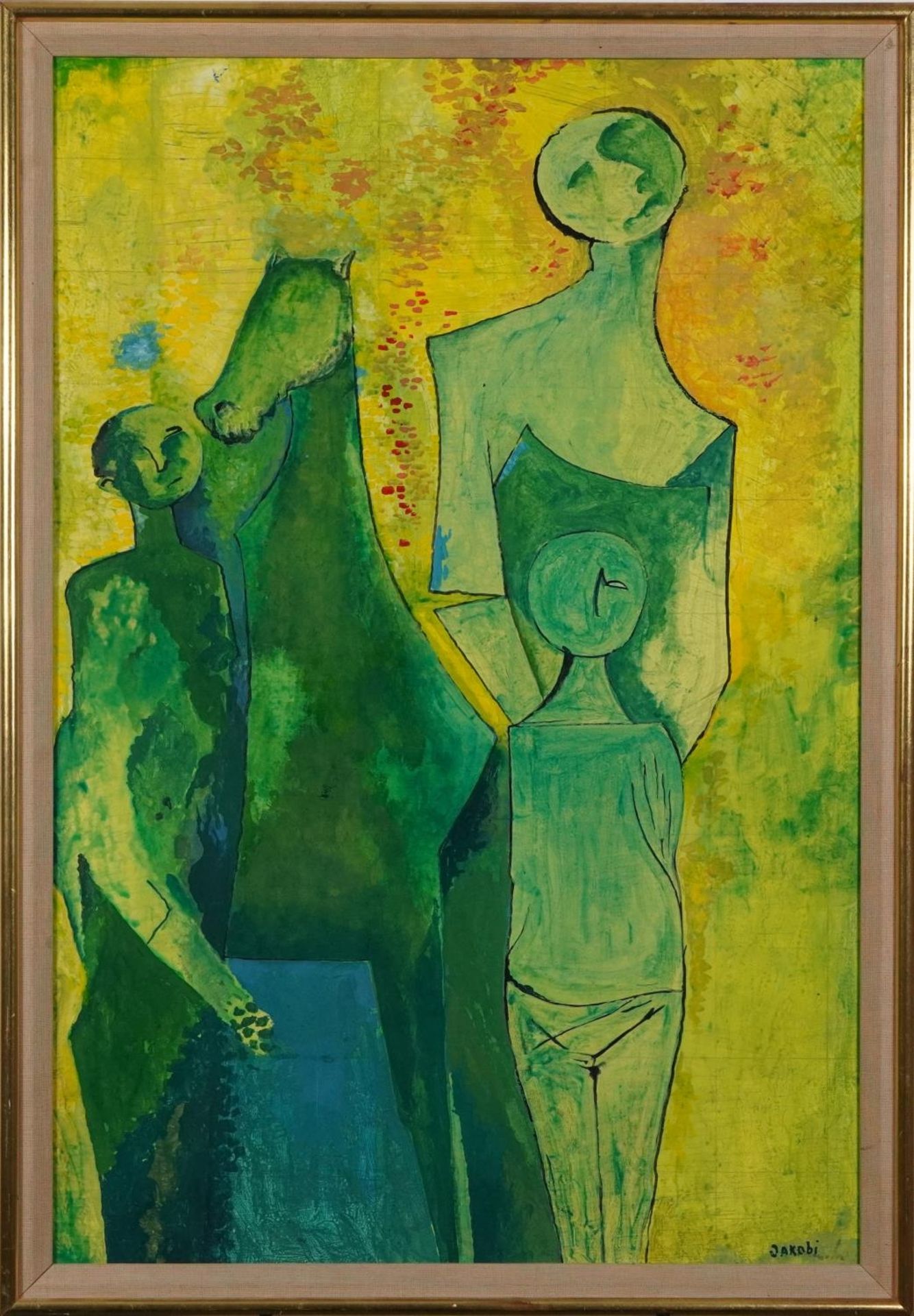Jakobi - Figures and horse, Surrealist oil on board, mounted and framed, 82cm x 54.5cm excluding the - Bild 2 aus 4