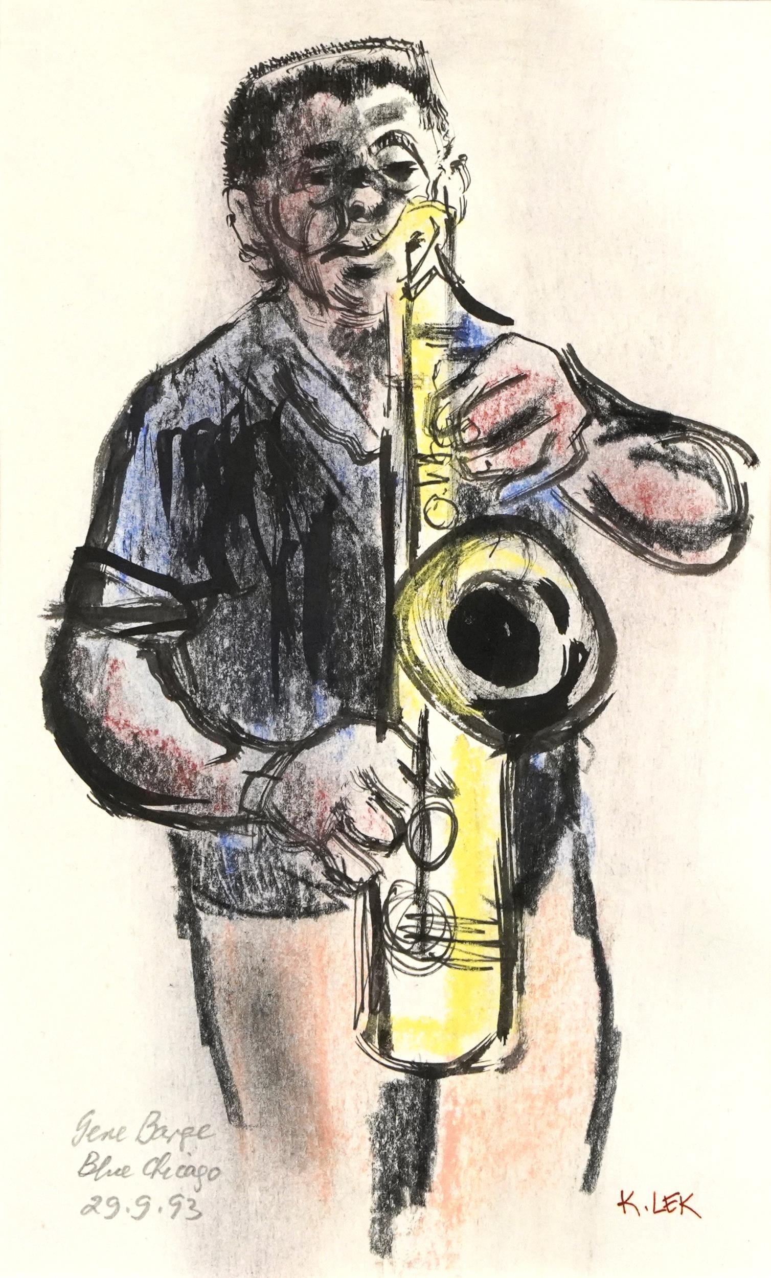 Karel Lek - Jazz Musicians playing instruments, six Welsh mixed medias, each with pencil - Image 9 of 12