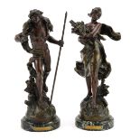 After August Moreau, pair of French patinated spelter figures titled Retour de Chasse and Retour