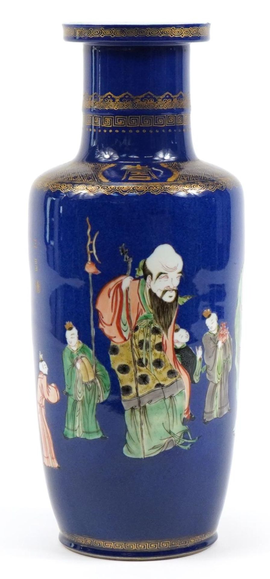 Chinese porcelain powder blue ground Rouleau vase hand painted in the famille verte palette with