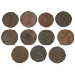 Eleven 18th century half penny tokens including Province of Nova Scotia and value two quartos