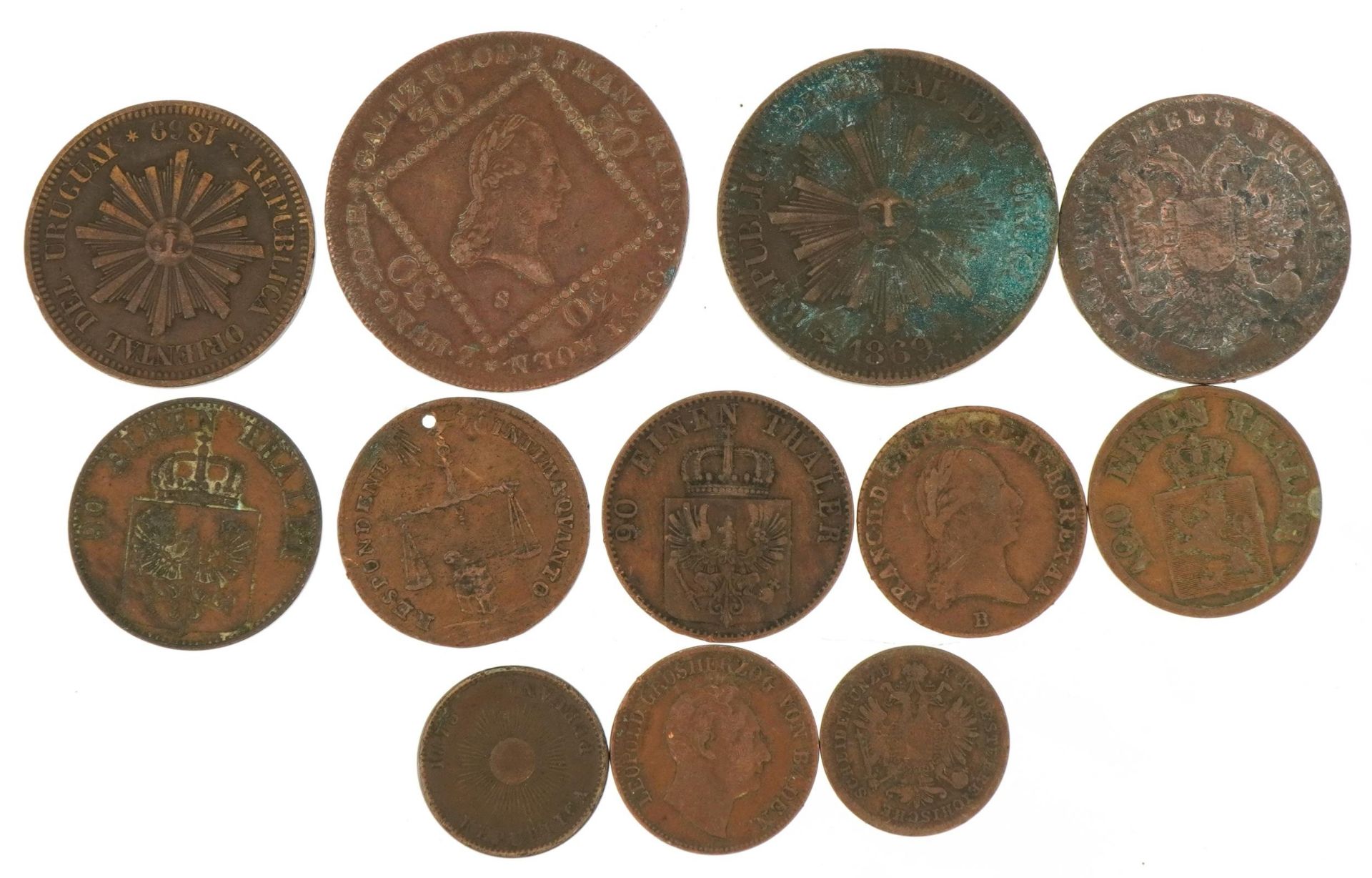 Antique world coinage including Uruguay two centesimos