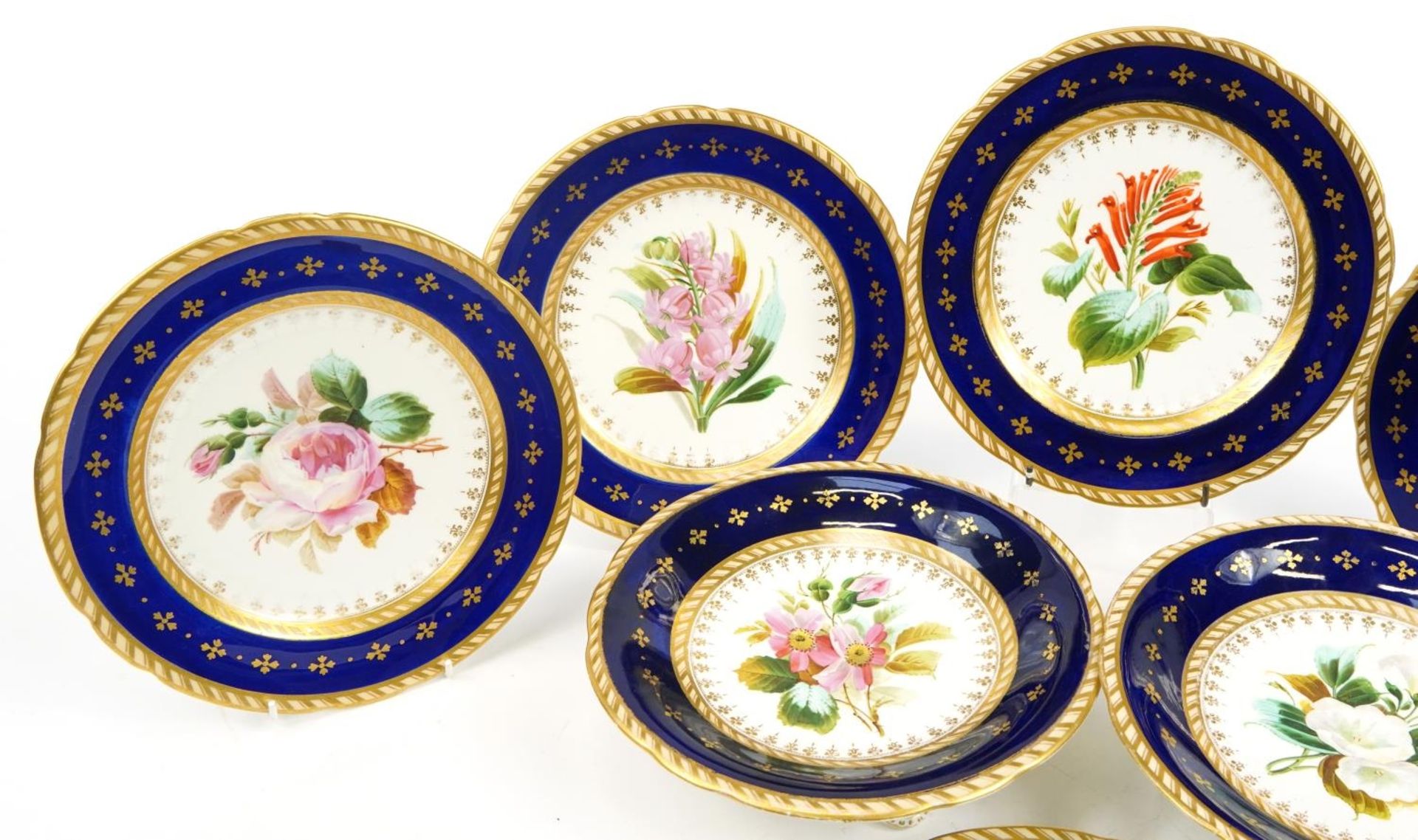 Victorian porcelain eight piece desert service hand painted and gilded with flowers, impressed marks - Bild 2 aus 4