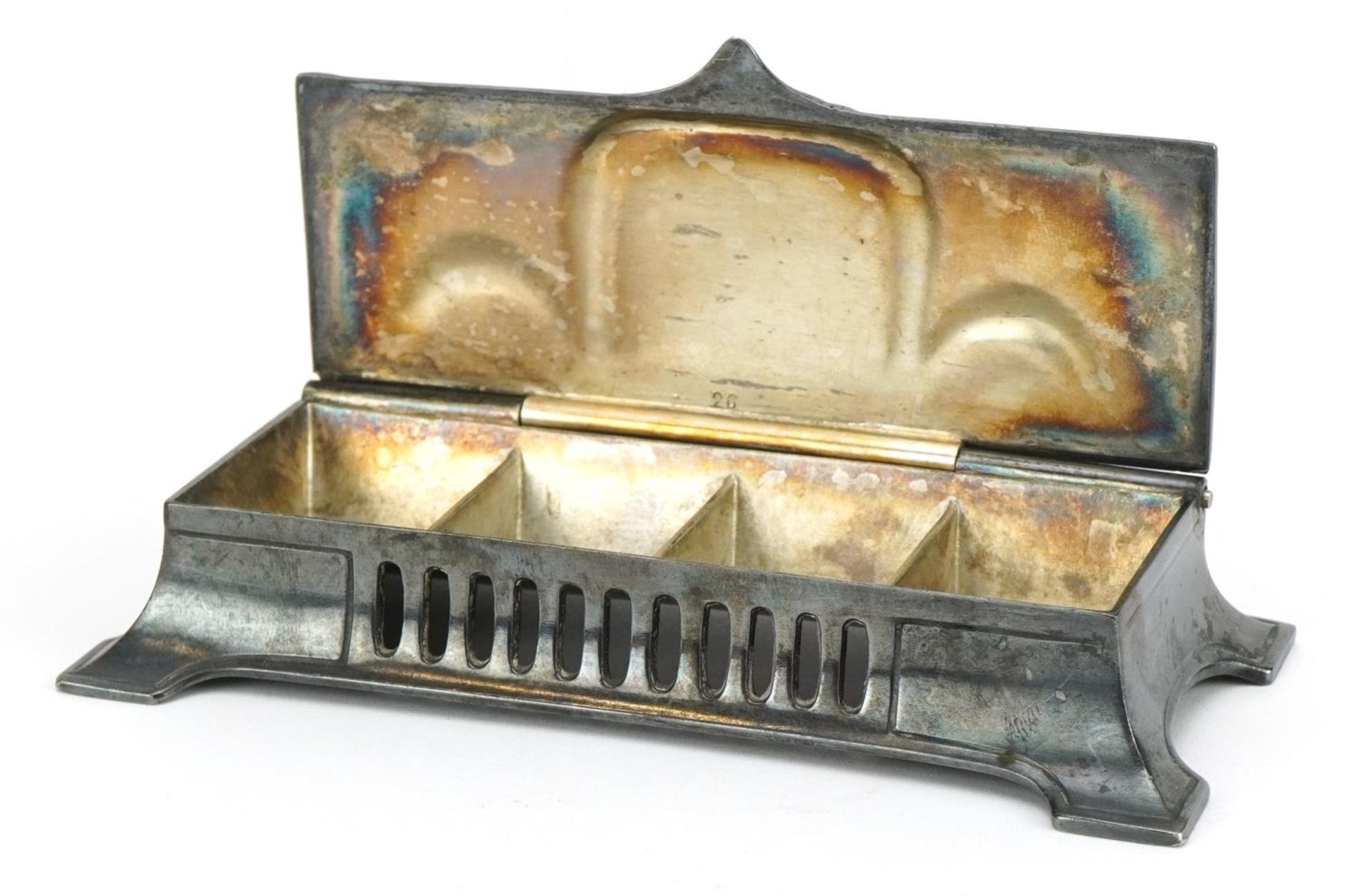 WMF, German Art Nouveau pewter quadruple stamp box on splayed feet, numbered 415 to the base, 12cm - Bild 2 aus 5