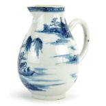 Chinese blue and white porcelain sparrow beak jug hand painted with a pagoda in a river landscape,