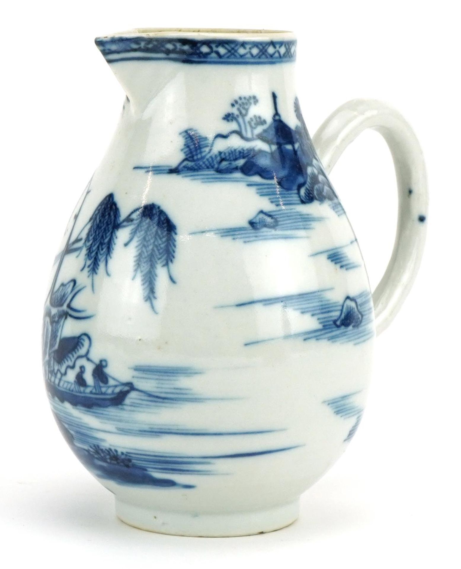 Chinese blue and white porcelain sparrow beak jug hand painted with a pagoda in a river landscape,