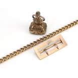 Antique yellow metal hardstone fob on a brooch clasp with Georgian split ring and a gilt metal watch