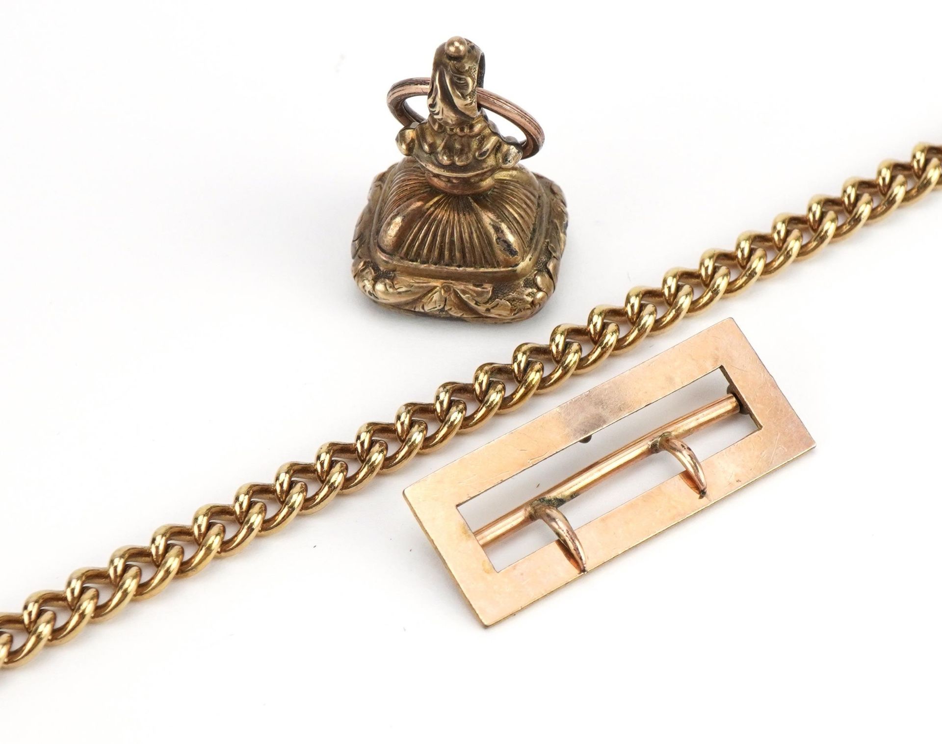 Antique yellow metal hardstone fob on a brooch clasp with Georgian split ring and a gilt metal watch