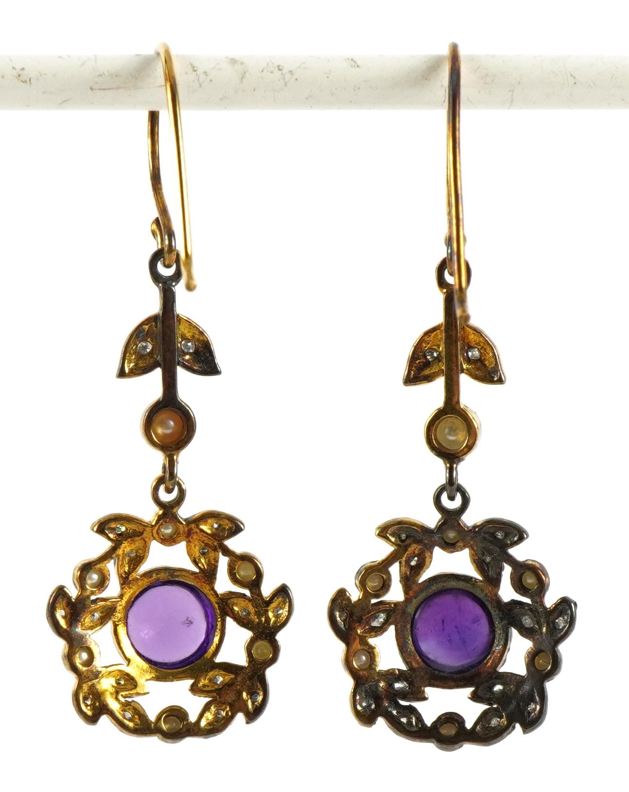 Pair of 9ct gold and silver cabochon amethyst, seed pearl and diamond flower head drop earrings, 4. - Image 2 of 3